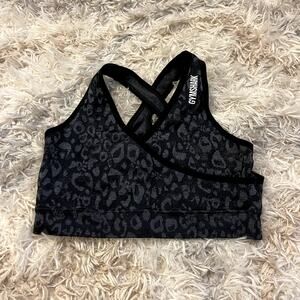 Gymshark Gray and Black Cheetah Print High Support Racerback Sports Bra Sz M